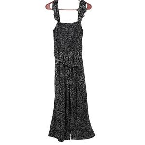SHEIN Black Floral Smocked Wide Leg Jumpsuit Ruffle Strap Casual Size Large, L